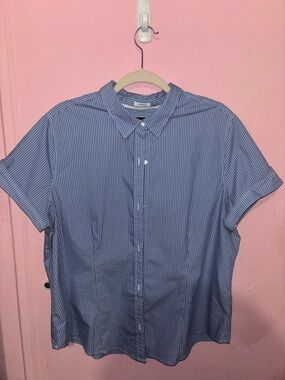 Liz Claiborne Blue & White Narrow-Stripe Short Sleeve Button-Up Shirt